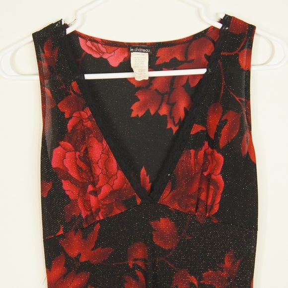 Vintage 90s Le Chateau Rose Floral Black Midi Dress - Picture 4 of 7